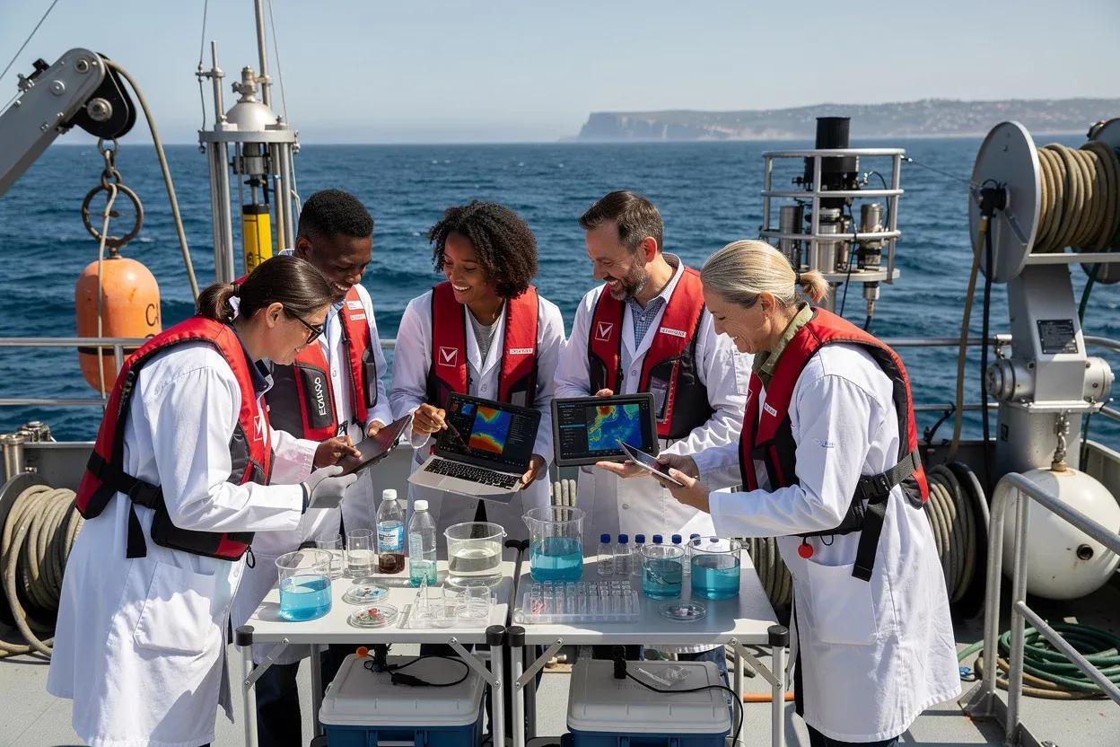 Marine researchers working together aboard a small research vessel