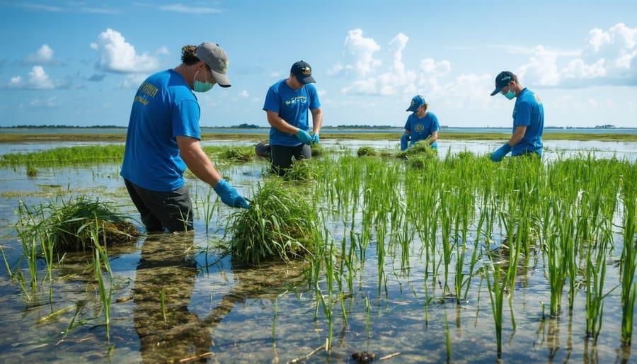 Volunteers restoring seagrass habitat together in shallow coastal waters
